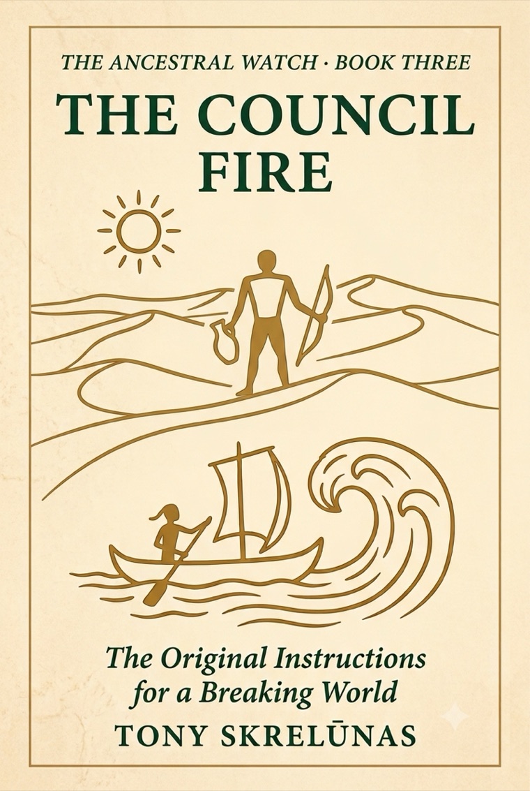 The Council Fire, Book Three — cover: gold line art of a desert walker and a canoe on a wave, on parchment
