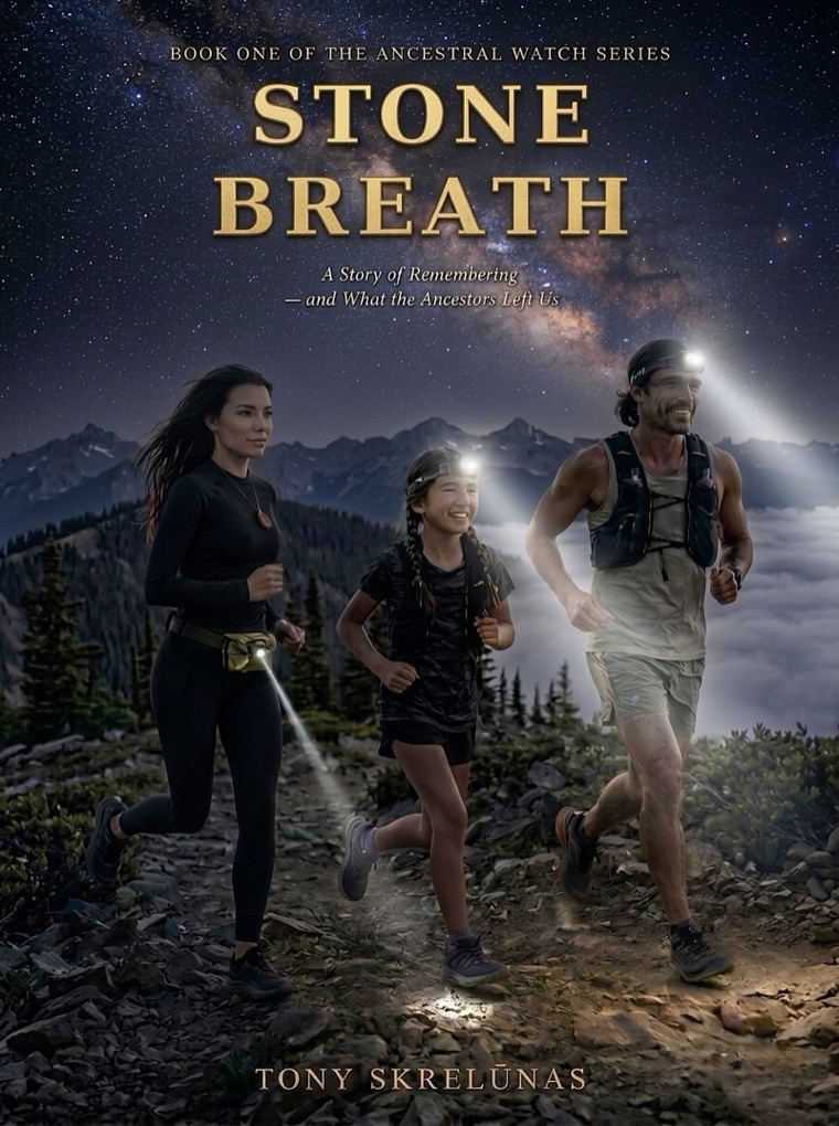 Stone Breath, Book One — cover: three trail runners with headlamps on a mountain trail beneath the Milky Way